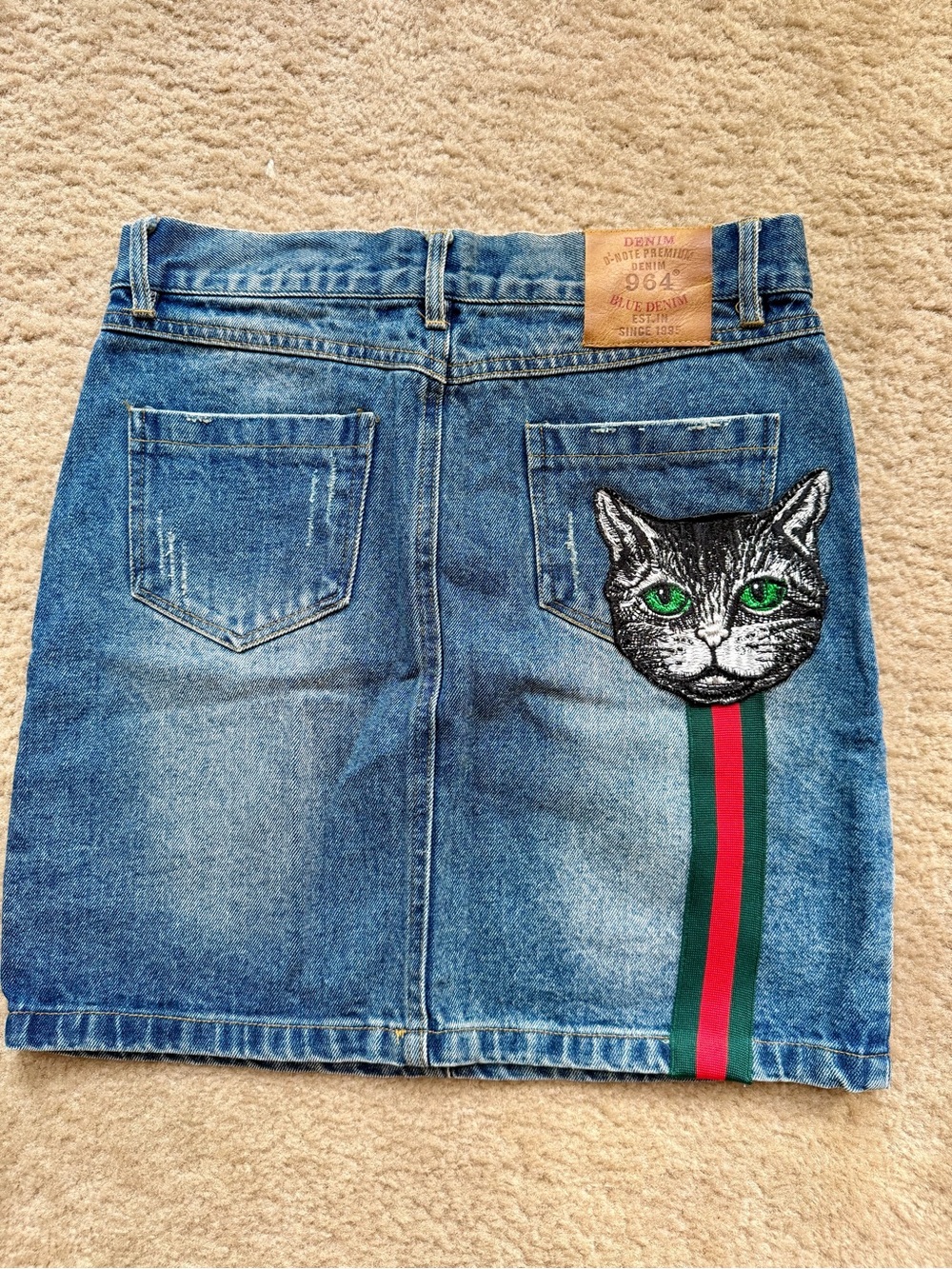 Cool M•M Embroidered Cat Patch Denim Skirt with Red & Green Stripe